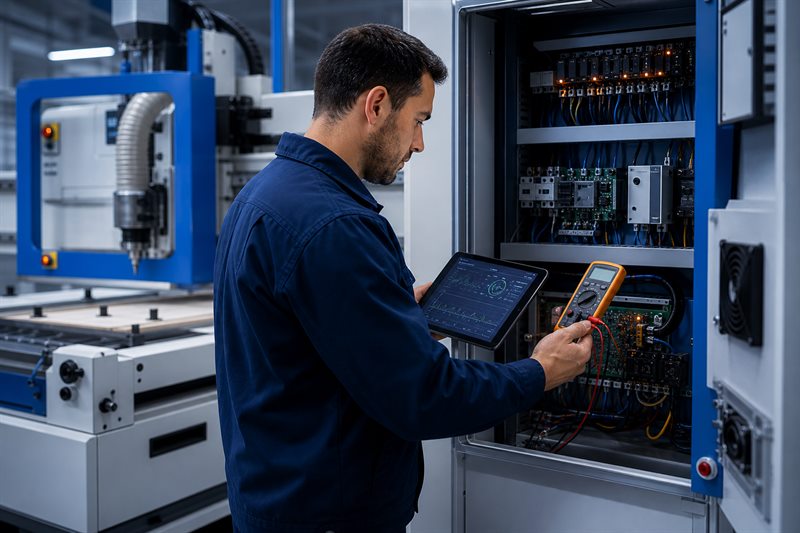 CNC service engineer diagnosing an electrical control cabinet