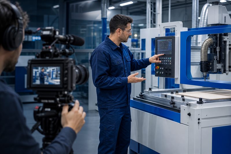Technician recording a CNC machine video tutorial