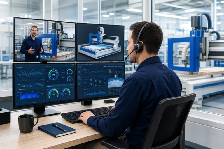 TechPro service engineer providing remote CNC machine technical support and operating diagnostics.