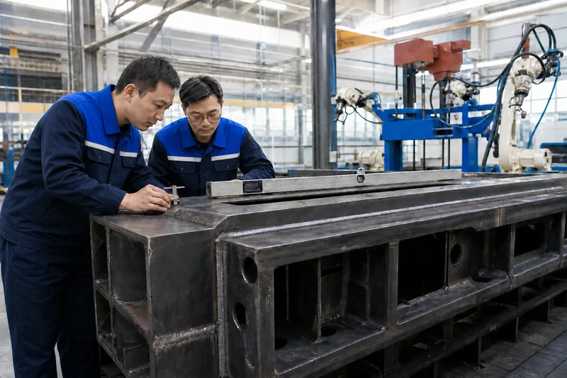 TechPro Chinese engineers inspecting welded CNC machine bed rigidity and geometry