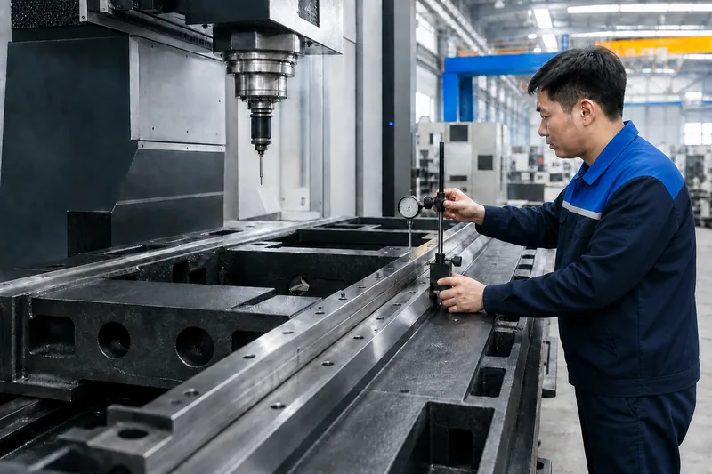TechPro Chinese engineer measuring precision-machined CNC guide-rail mounting surfaces