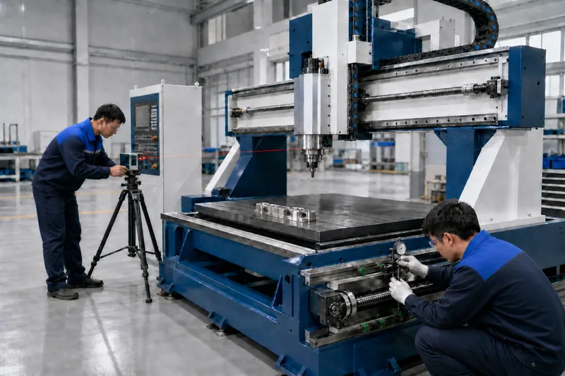 TechPro Chinese engineers calibrating CNC guide rails, ball screw and spindle geometry