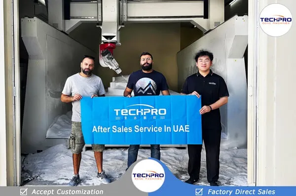 TechPro engineer with customers after 5-axis CNC router service in Dubai, UAE