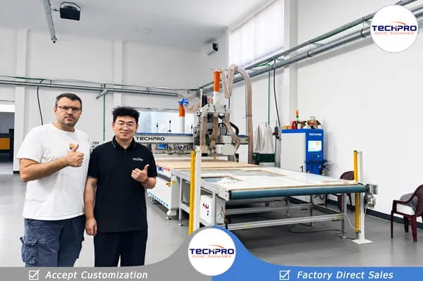 TechPro engineer with customer after nesting CNC router service in Serbia